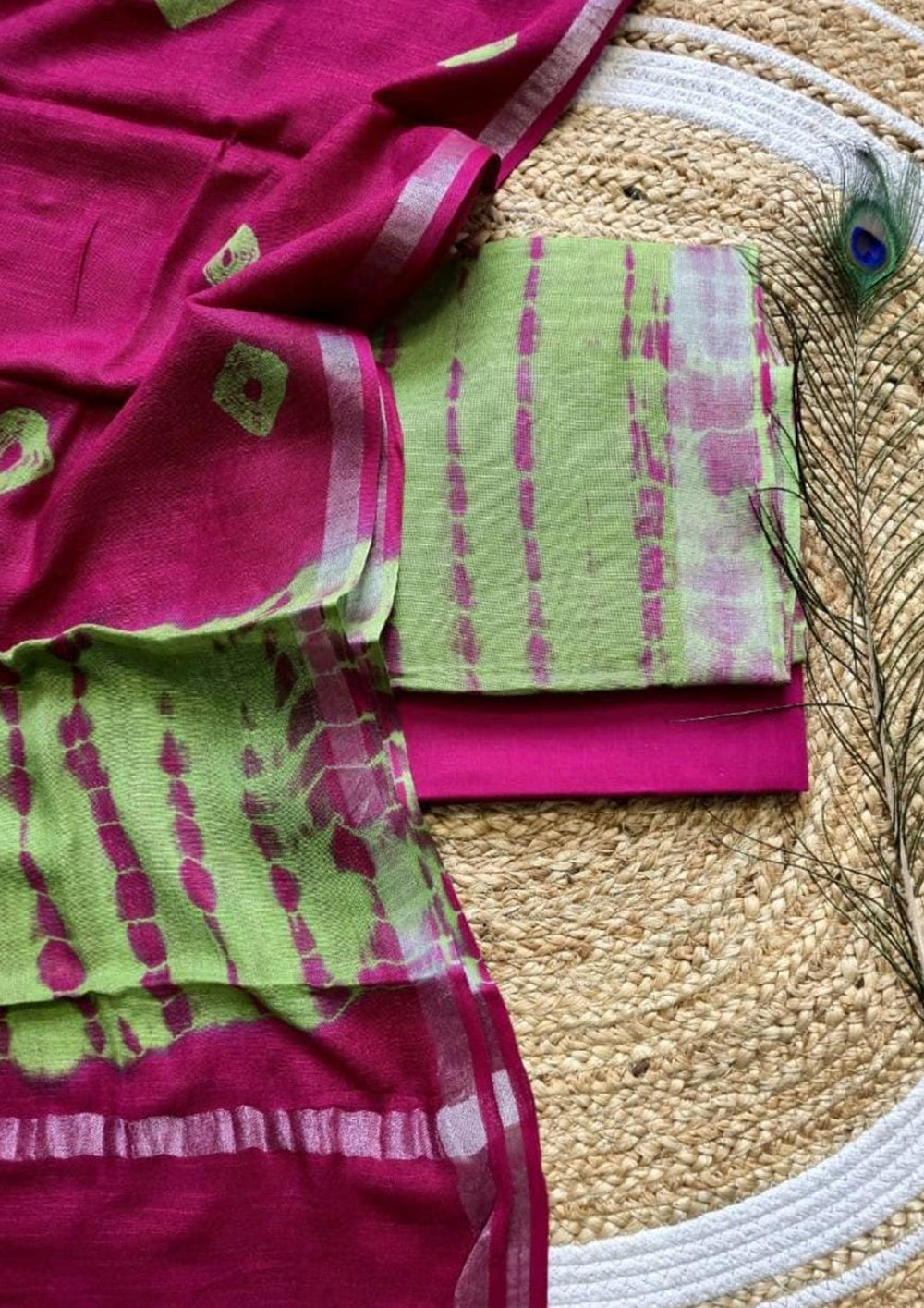 Printed Linen Suit Set- Pink Green PL03 - Wefta