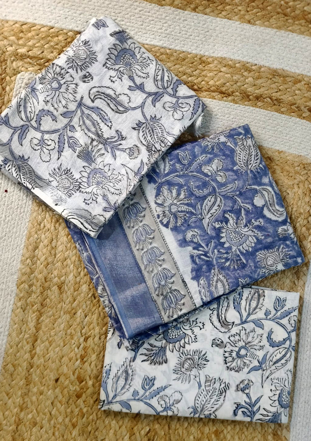 Printed Linen Suit Set- White Blue PL01 - Wefta