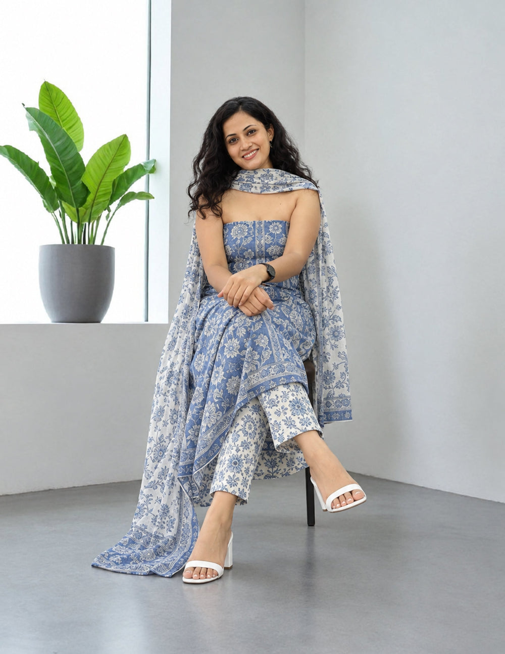 Printed Linen Suit Set- White Blue PL01 - Wefta