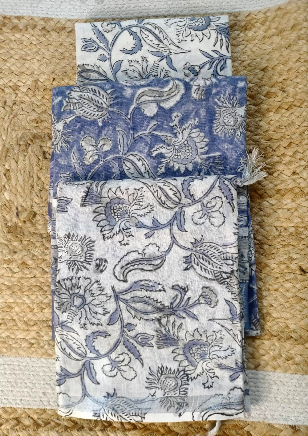 Printed Linen Suit Set- White Blue PL01 - Wefta