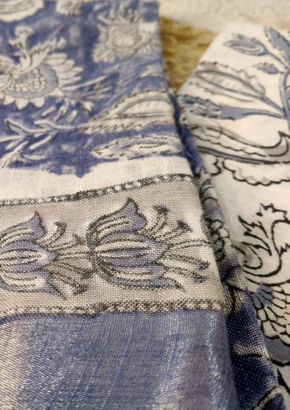 Printed Linen Suit Set- White Blue PL01 - Wefta