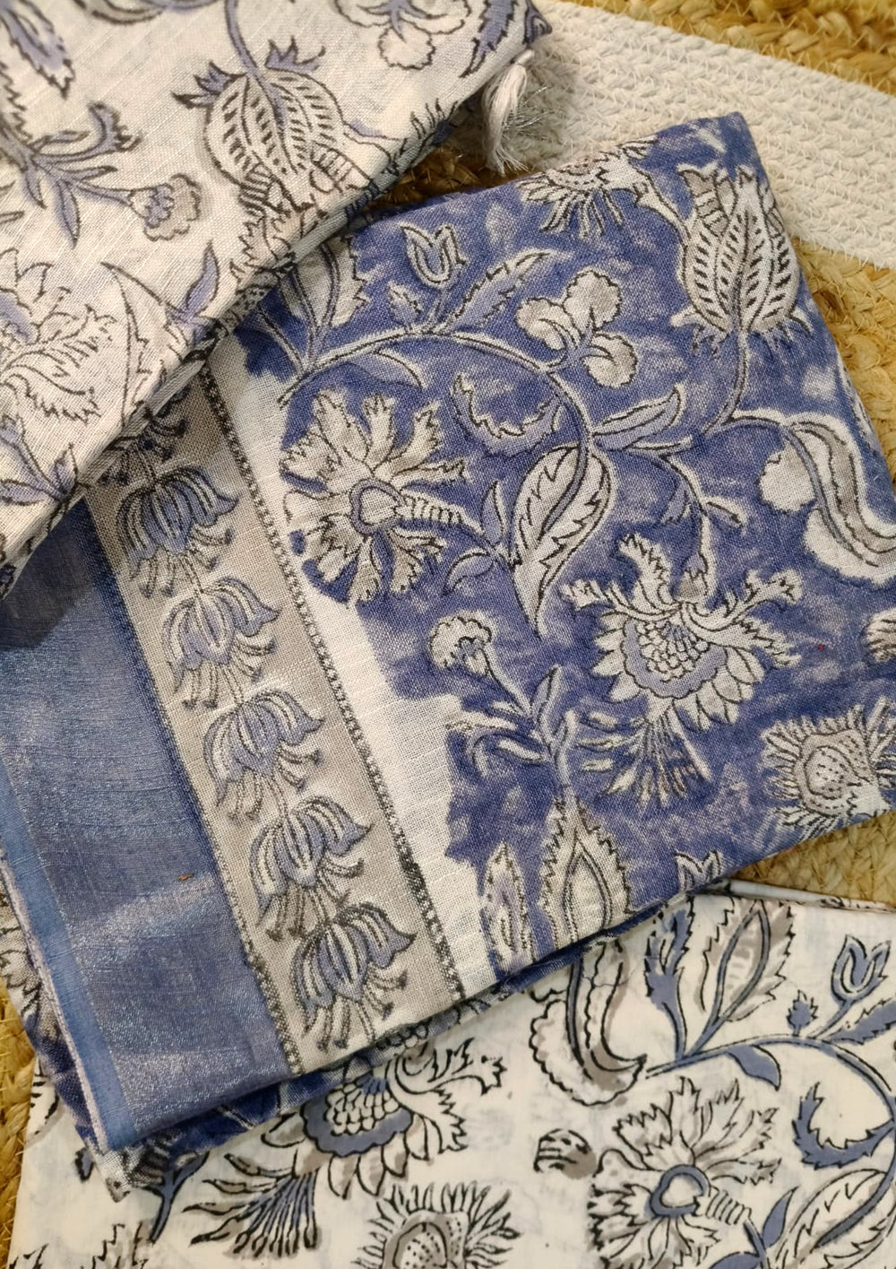 Printed Linen Suit Set- White Blue PL01 - Wefta