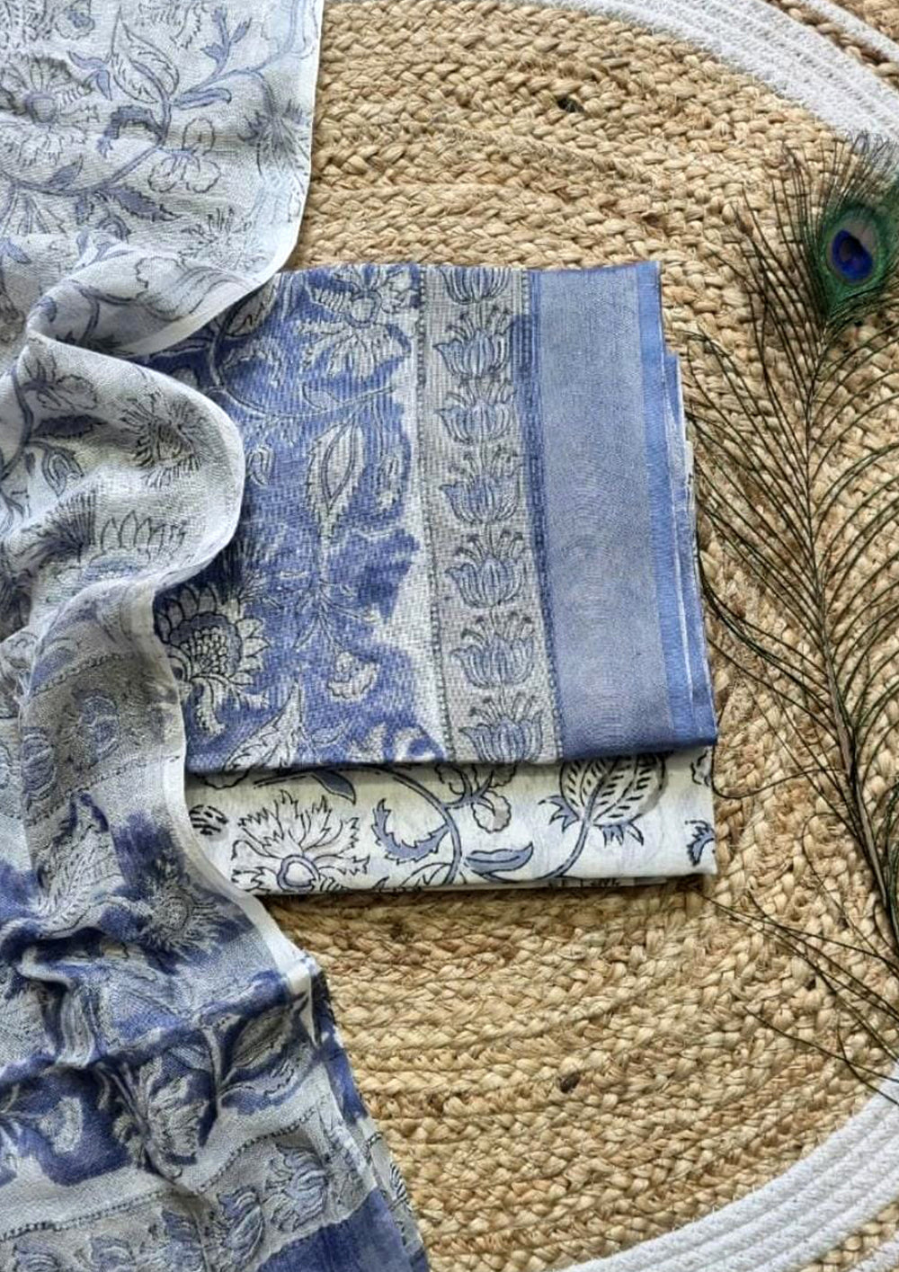 Printed Linen Suit Set- White Blue PL01 - Wefta