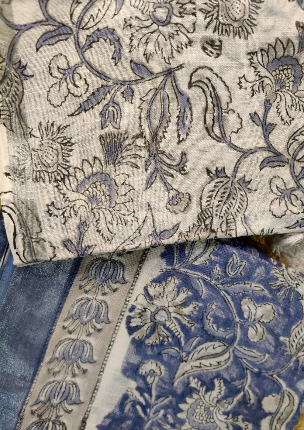 Printed Linen Suit Set- White Blue PL01 - Wefta