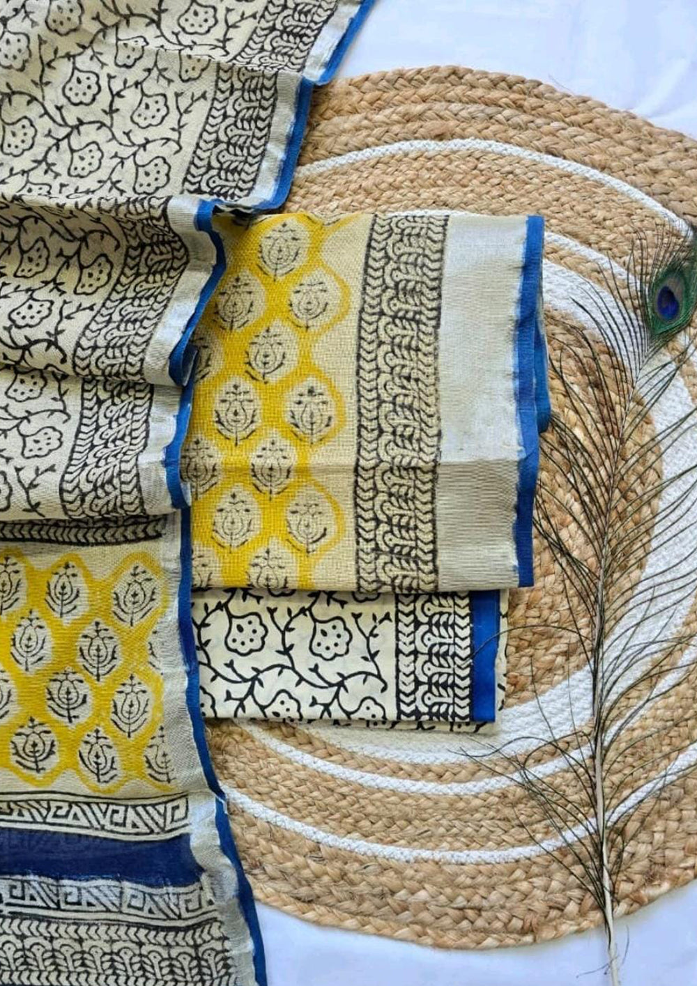 Printed Linen Suit Set- Yellow White PL08 - Wefta
