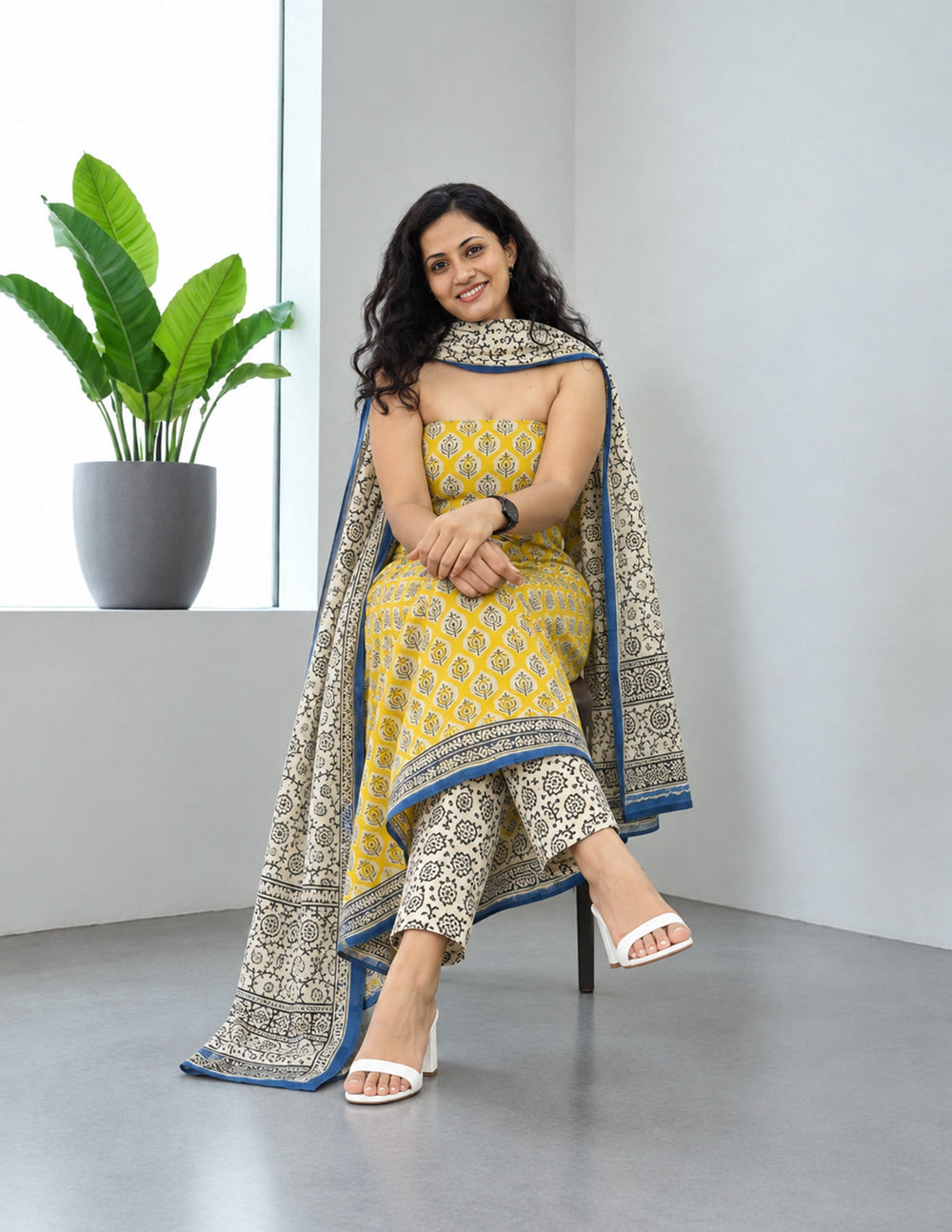 Printed Linen Suit Set- Yellow White PL08 - Wefta