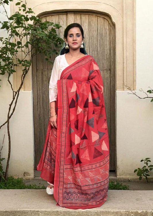 Ajrakh Cotton Dupatta- D3 Red