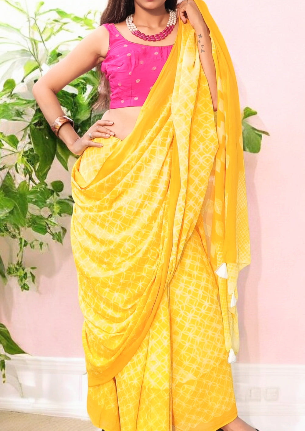 Shibori Cotton Mulmul Saree- Yellow - Wefta