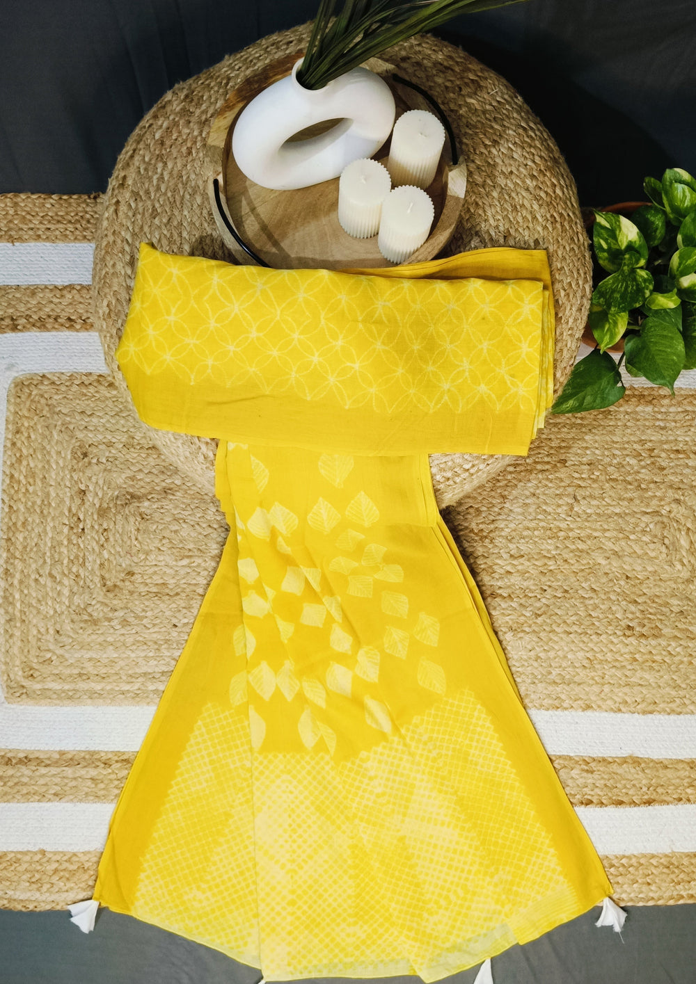 Shibori Cotton Mulmul Saree- Yellow - Wefta