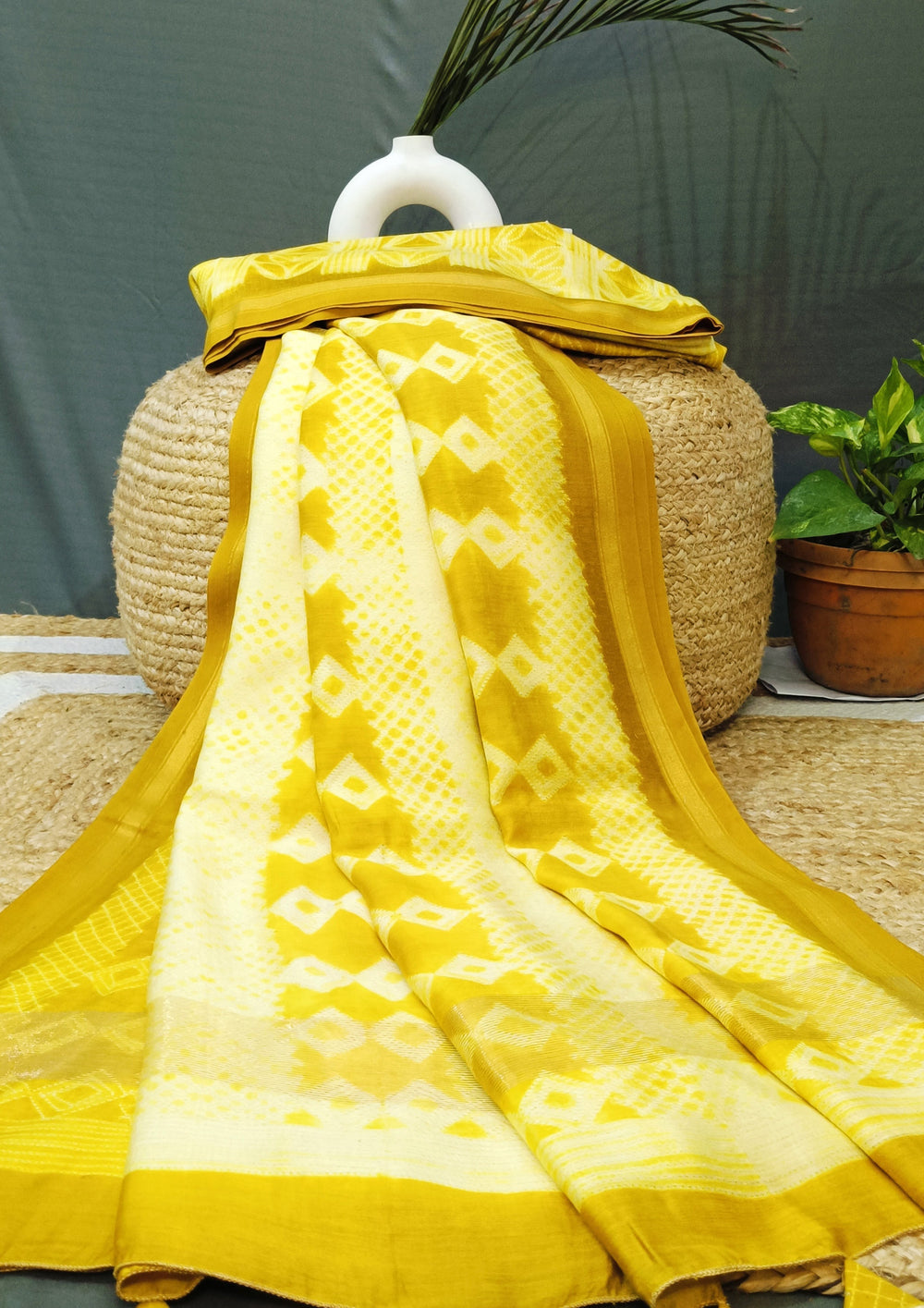 Shibori Maheshwari Saree S1 - Yellow - Wefta
