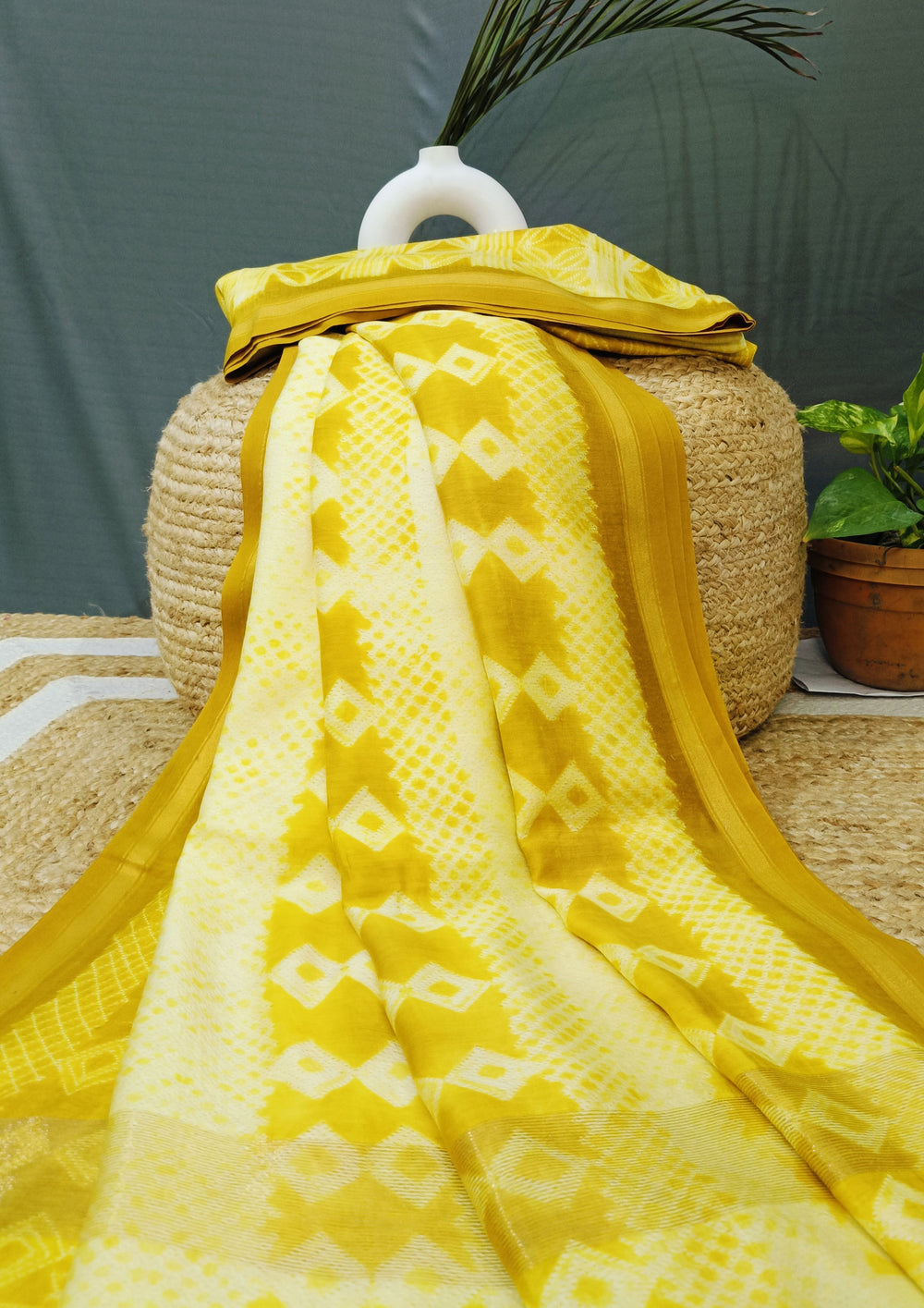 Shibori Maheshwari Saree S1 - Yellow - Wefta
