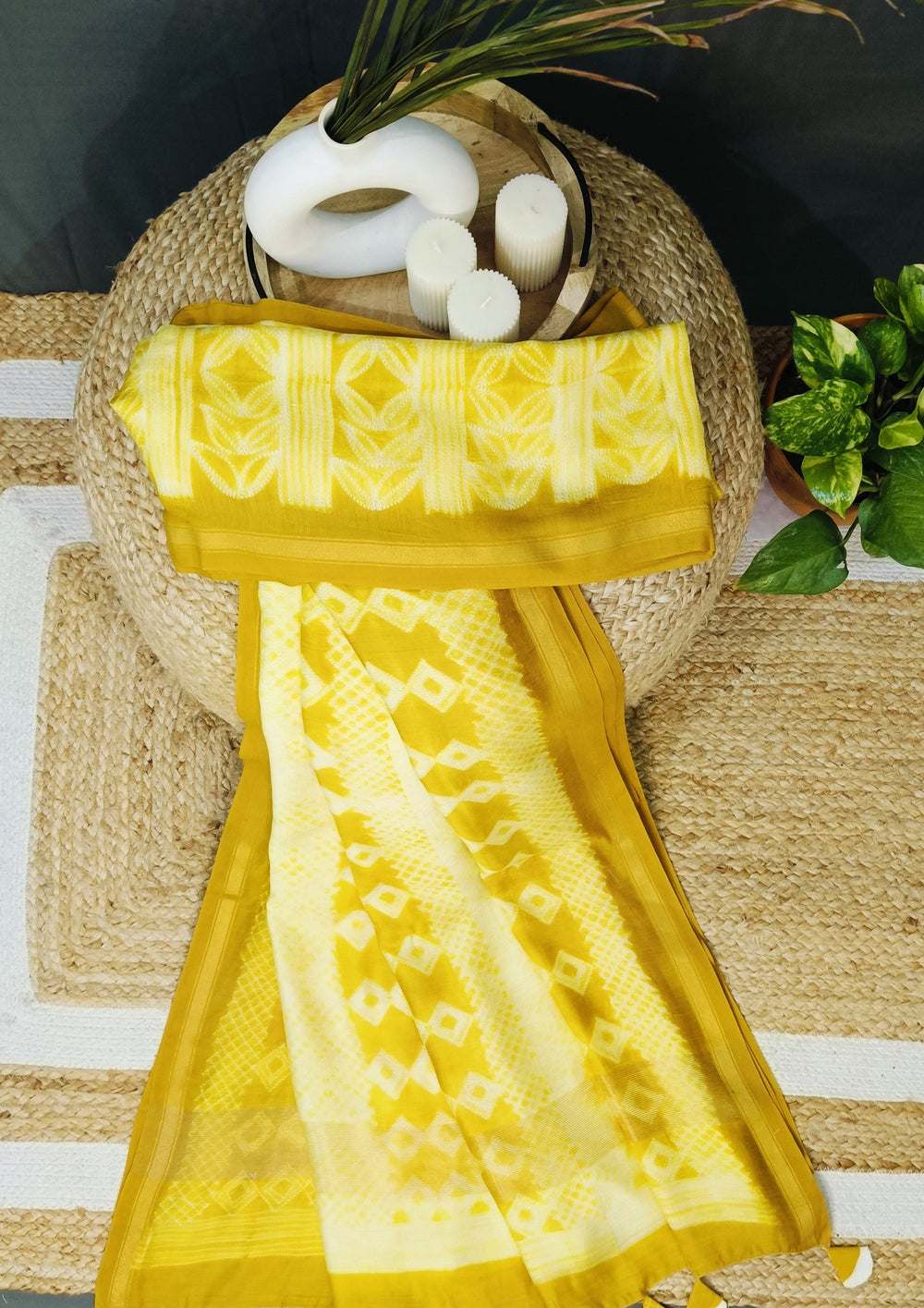 Shibori Maheshwari Saree S1 - Yellow - Wefta