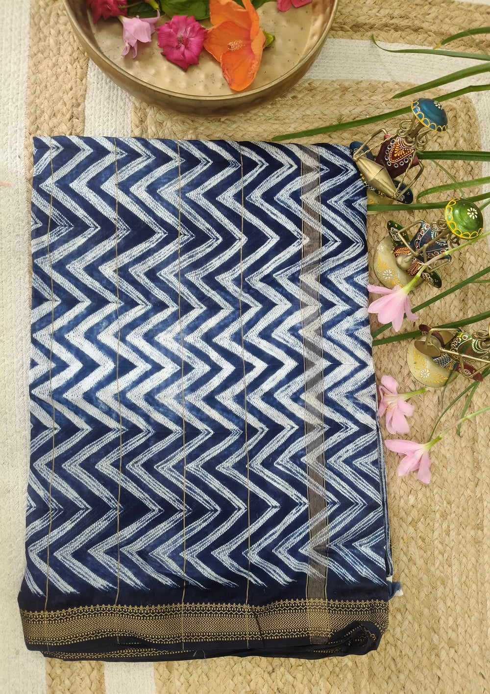 Shibori Maheshwari Saree S10 - Blue - Wefta