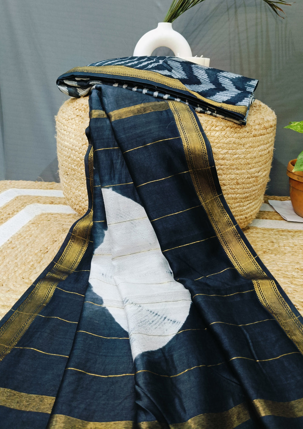 Shibori Maheshwari Saree S2- Black - Wefta