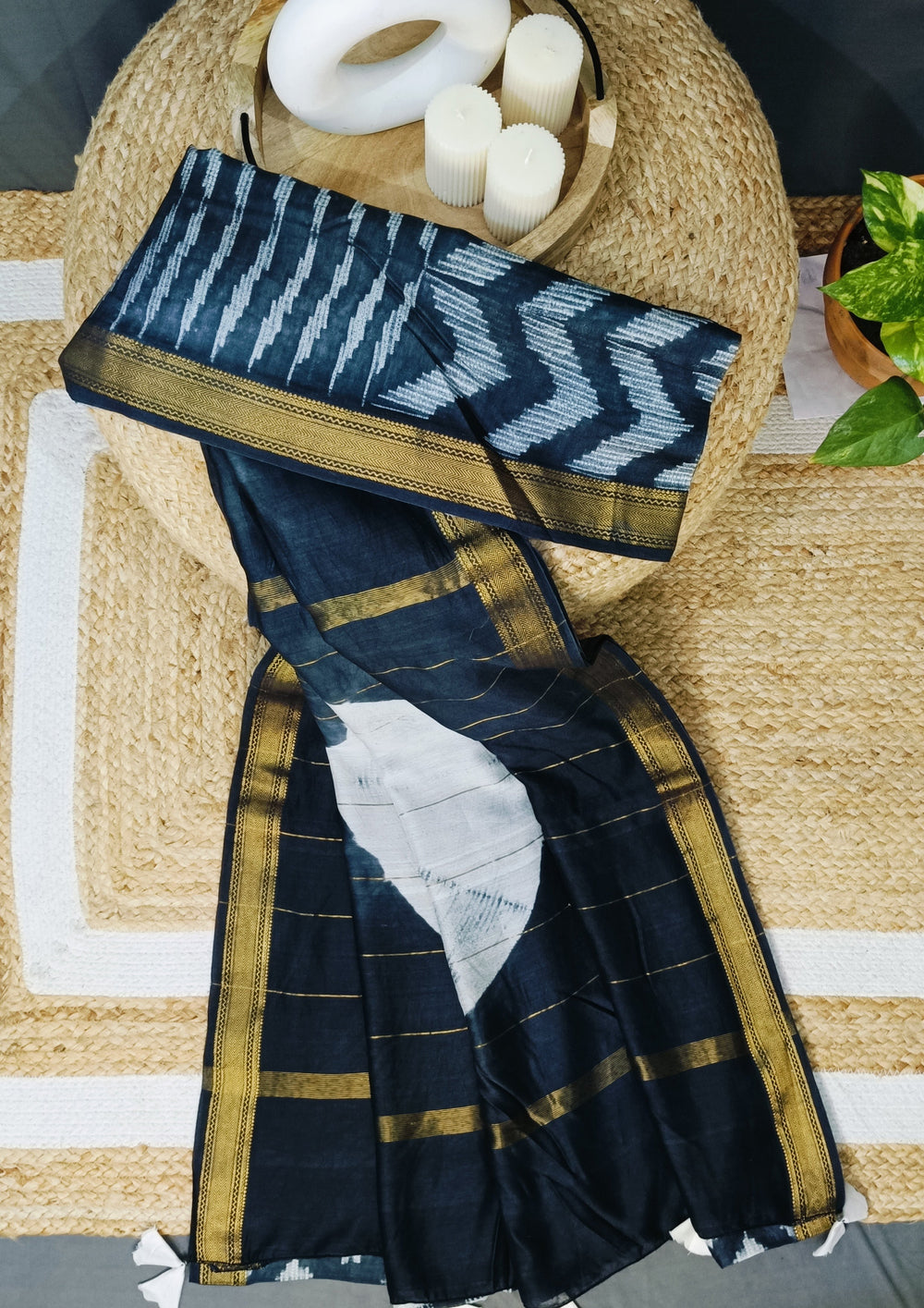 Shibori Maheshwari Saree S2- Black - Wefta