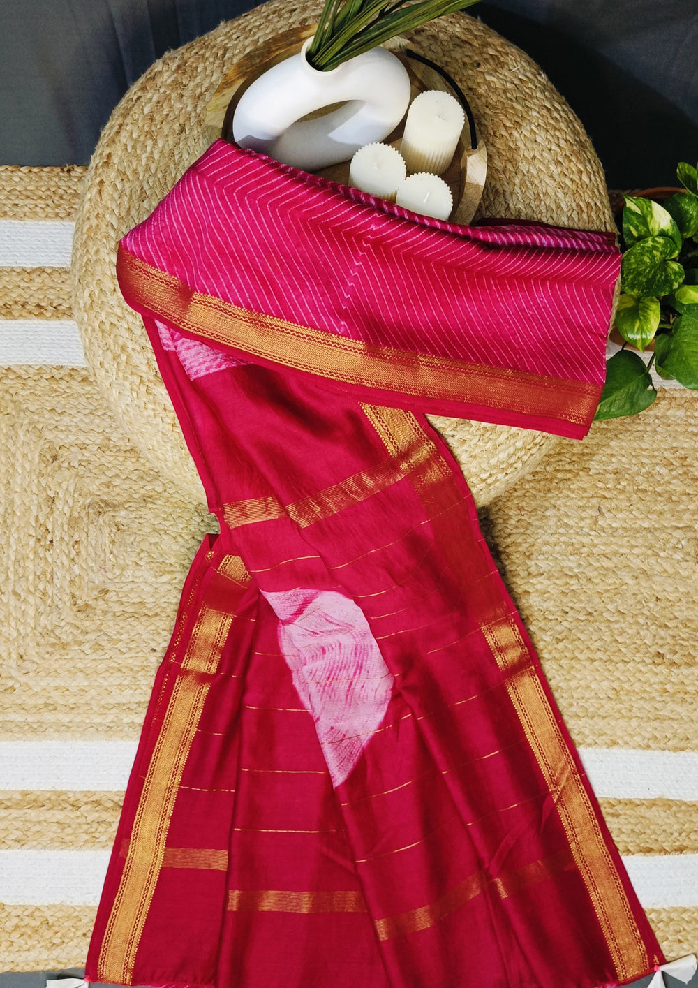 Shibori Maheshwari Saree S3- Pink 1 - Wefta