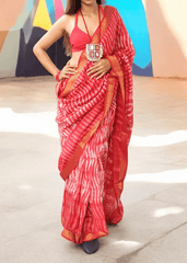 Shibori Maheshwari Saree S4- Red1 - Wefta