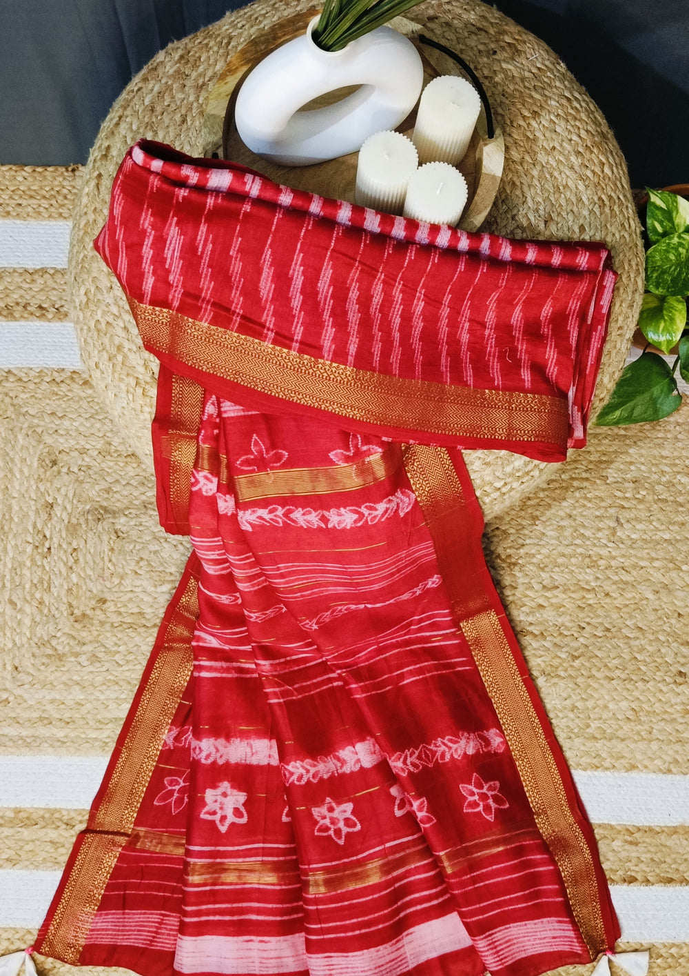 Shibori Maheshwari Saree S4- Red1 - Wefta