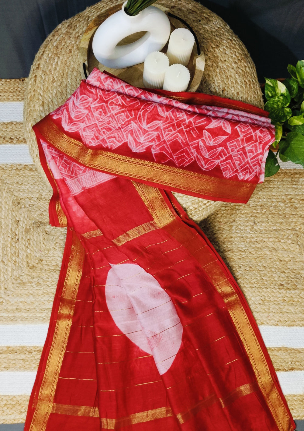Shibori Maheshwari Saree S5- Red 2 - Wefta