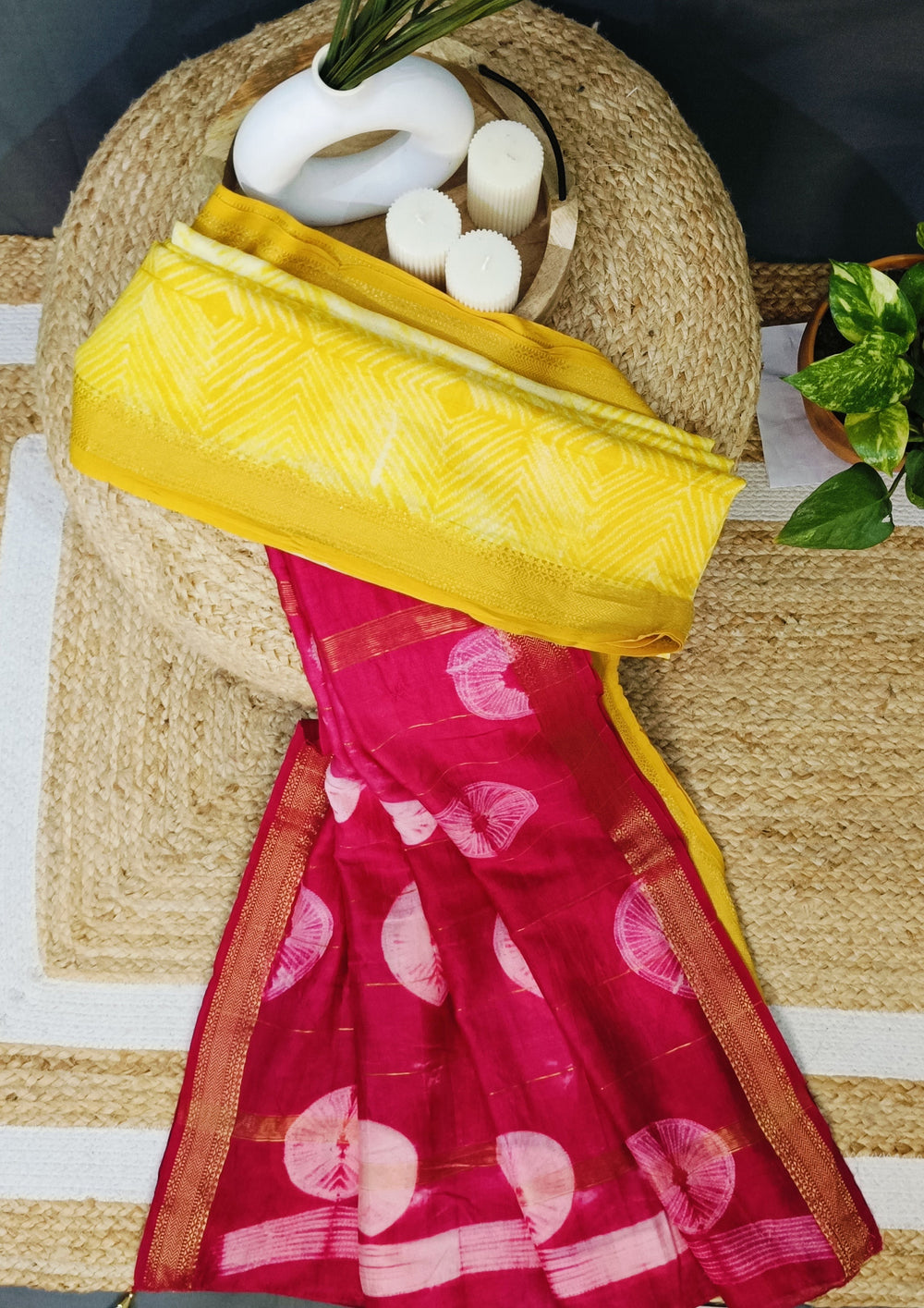 Shibori Maheshwari Saree S6- Yellow /Pink - Wefta