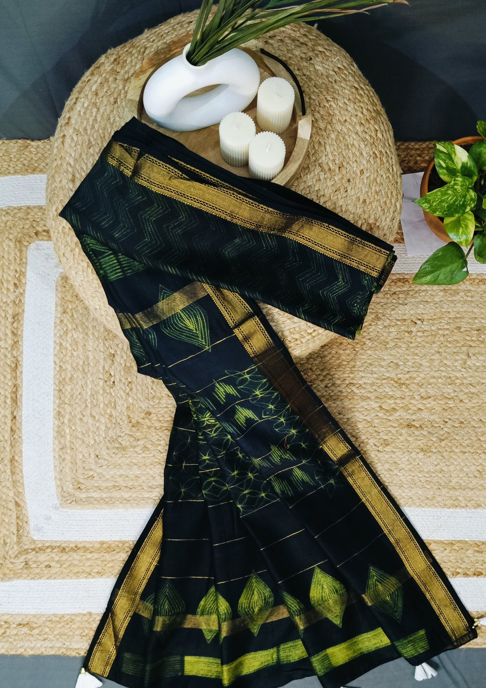 Shibori Maheshwari Saree S7- Green - Wefta