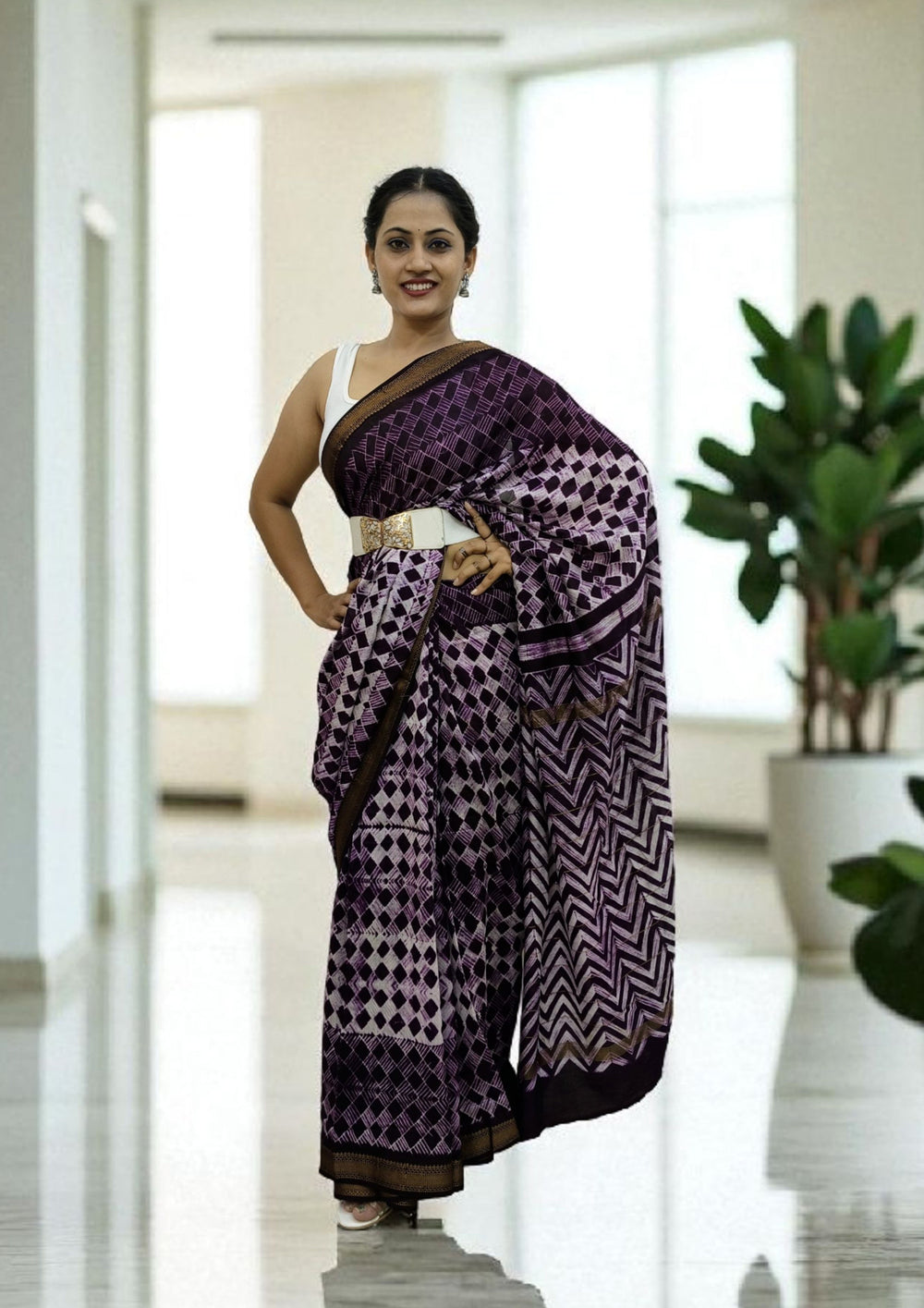 Shibori Maheshwari Saree S8 - Purple - Wefta