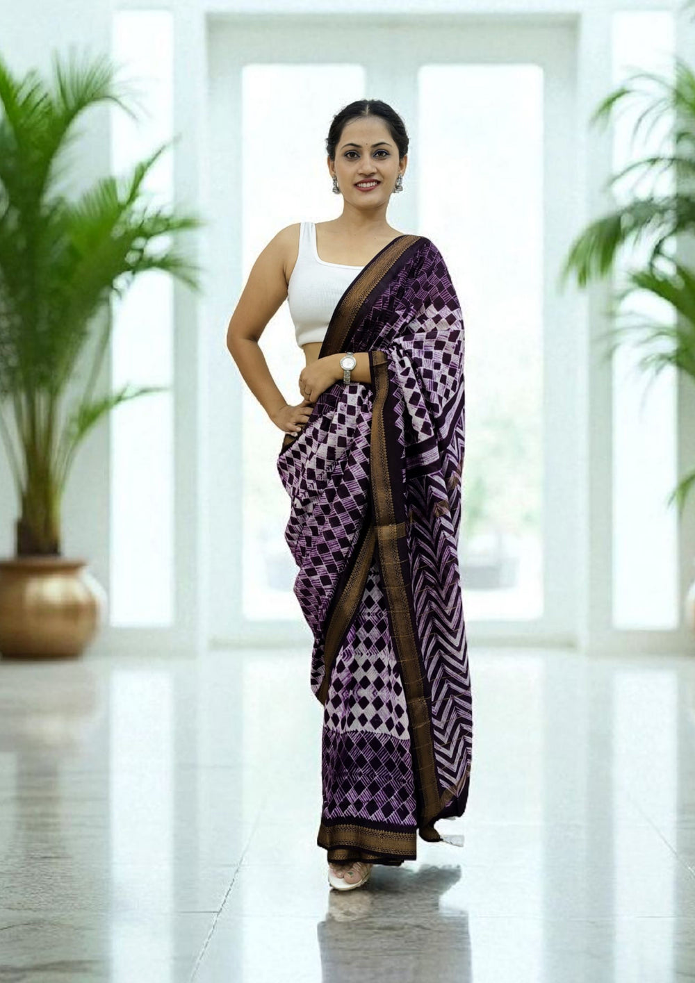 Shibori Maheshwari Saree S8 - Purple - Wefta