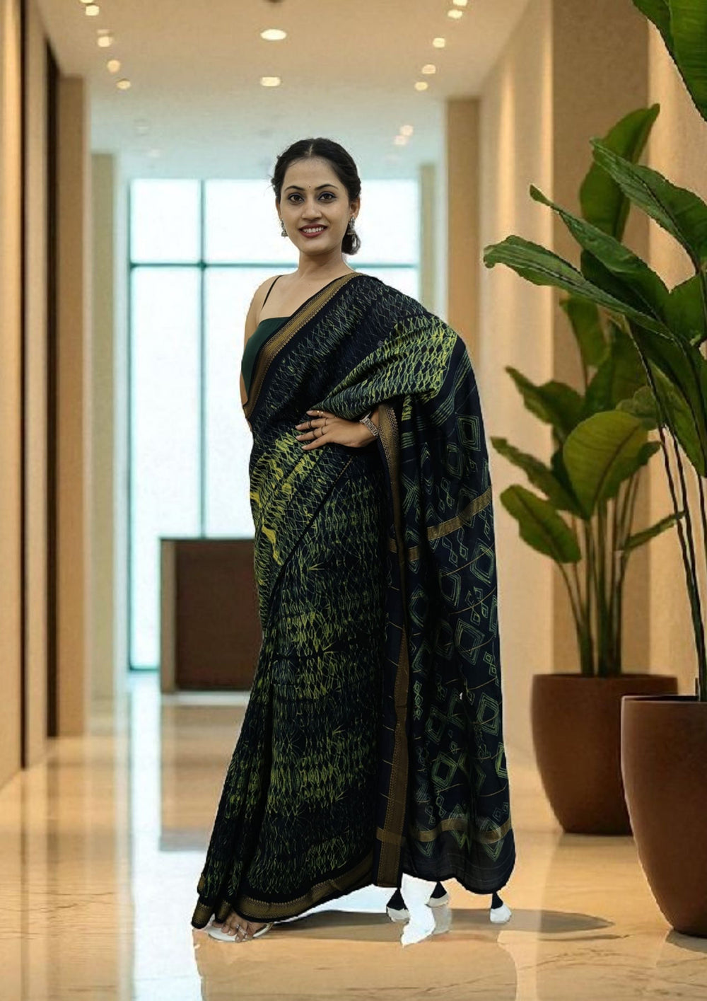 Shibori Maheshwari Saree S9 - Black/ Green - Wefta
