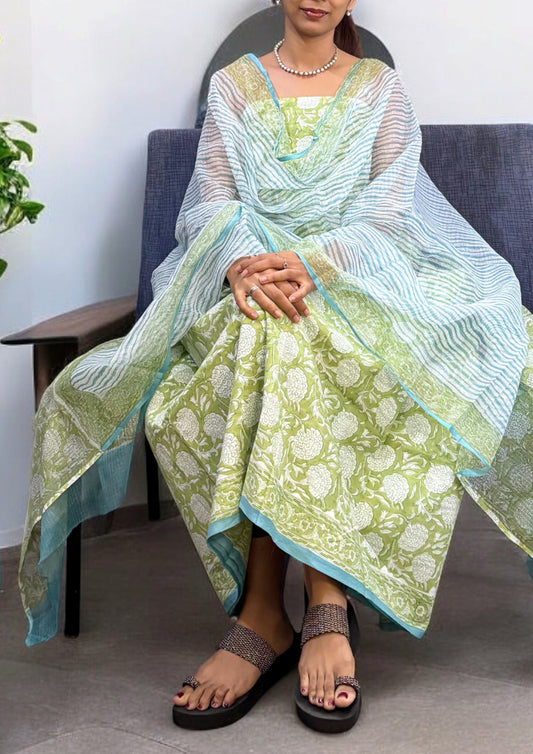 Sanganeri Cotton Kota Suit- Blue Green