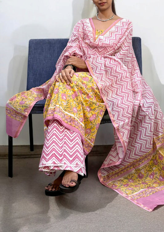 Sanganeri Chanderi Suit- Yellow