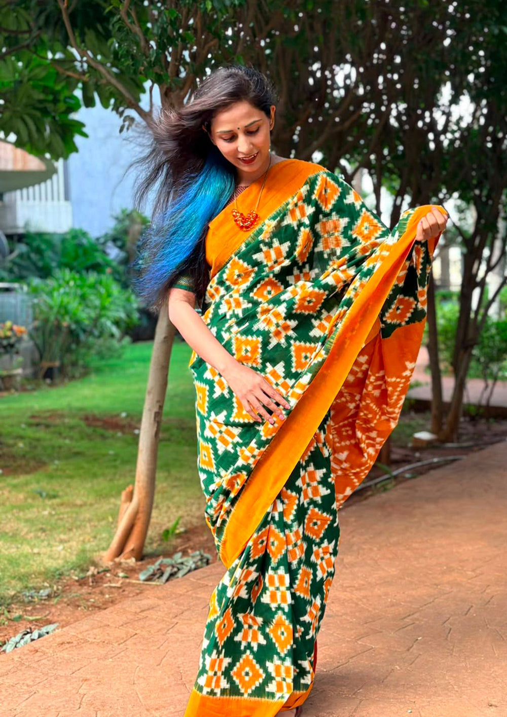 Telia Rumal Saree- Mustard & Green TR01 - Wefta