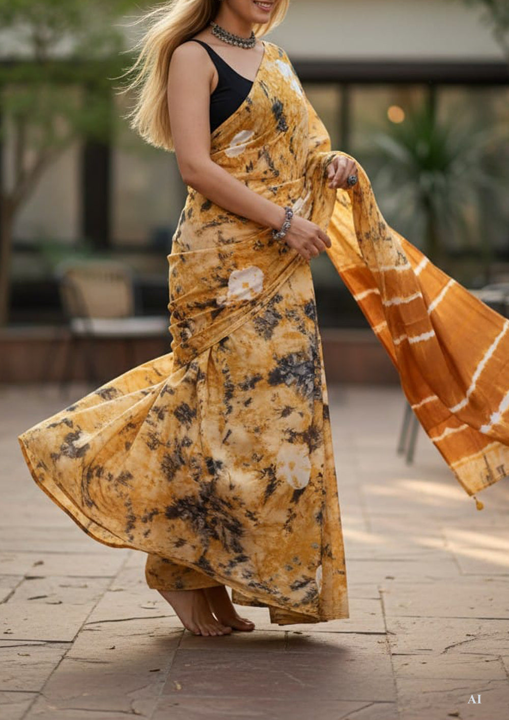 Tie - Dye Printed Saree - Mustard Yellow DP8 - Wefta